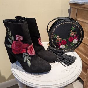 Streetwear Society Black Ankle Boots with Red Floral Embroidery + Matching Purse